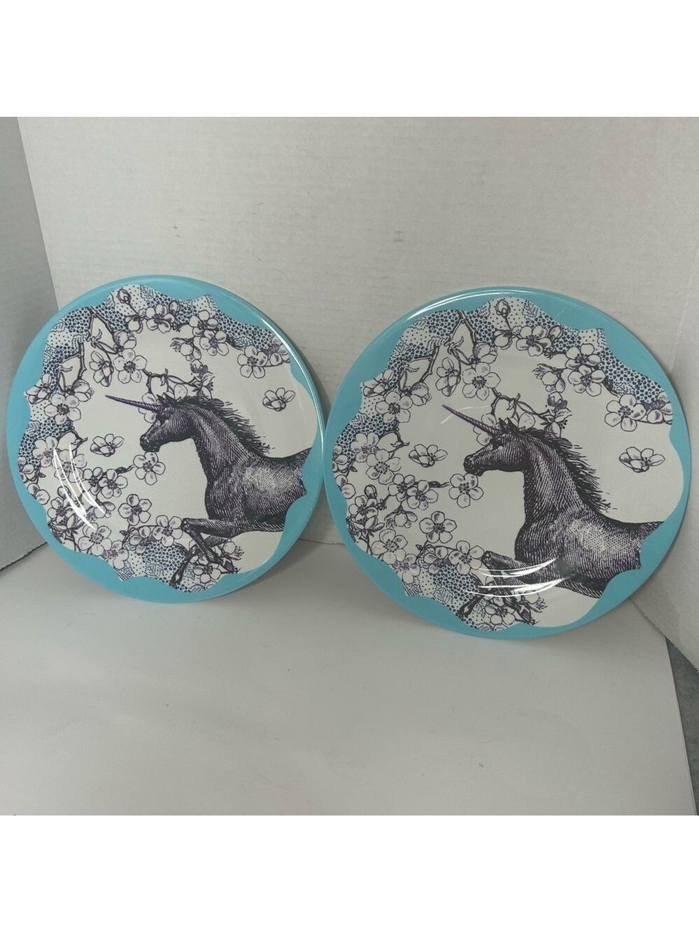 Anthropologie Melamine Dinner Plates Floral Unicorn Set of 2 Blue Purple